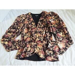 Express XS Blouse Floral Metallic Faux Wrap Puff Shoulder v-neck Peplum Boho Aca